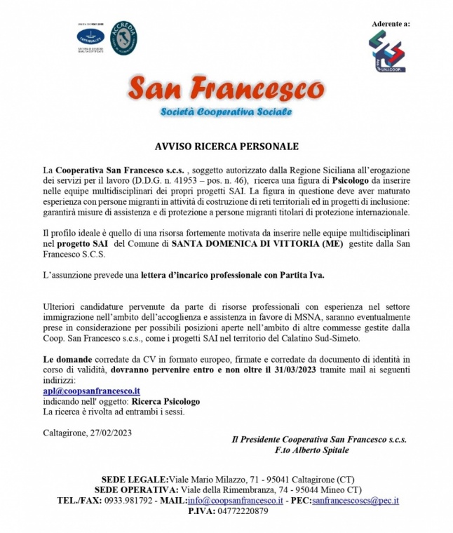 AVVISO RICERCA PERSONALE. La Coop. “San Francesco” s.c.s. ricerca la figura di PSICOLOGO. Domande entro e non oltre 31/03/2023